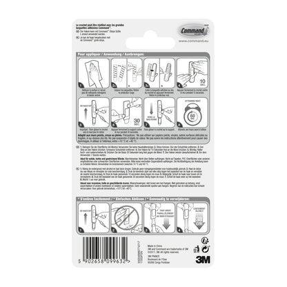 Die Rückseite des Command™ Large Universal-Hakens, 17003-FGN von 3M Deutschland GmbH zeigt eine bebilderte Schritt-für-Schritt-Anleitung zum Anbringen und Abnehmen, erklärt das beschädigungsfreie Design in mehreren Sprachen und enthält am unteren Rand Produktdetails.