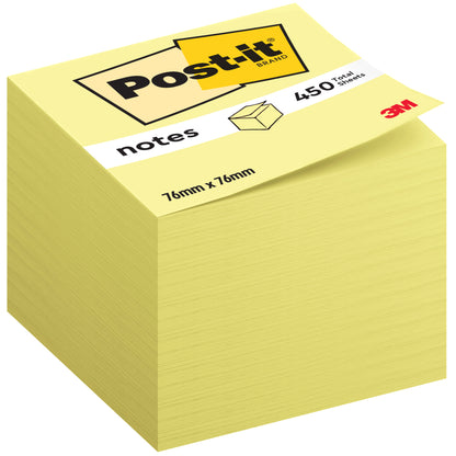 3M Deutschland GmbH:n Post-it® Notes Kuutio 636-B keltaisena sisältää 450 itseliimautuvaa lappua (76 x 76 mm) 100% PEFC-sertifioidusta paperista. Ylin sivu näyttää tuotetiedot sekä Post-it- ja 3M-logon.