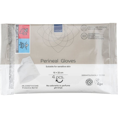 Pakkaus (4 kpl) Abena Re-Seller GmbH:n perineaalikäsineet: dermatologisesti testattu, vegaaninen, väriaineeton ja hajusteeton, suojaavalla esteellä - ihanteellinen perineaaliseen hoitoon, sopii herkälle iholle.