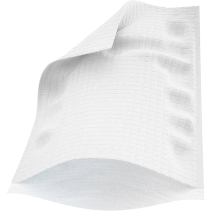 Lähikuva yhdestä valkoisesta, kuvioidusta paperipyyhkeestä, osittain taitettuna ja yksivärisen taustan edessä leijuvana - ihanteellinen käytettäväksi Abena Re-Seller GmbH:n perineaalikäsineiden pakkauksen (4 kpl) kanssa, hillityn ruudukko- tai vohvelikuvion ansiosta.