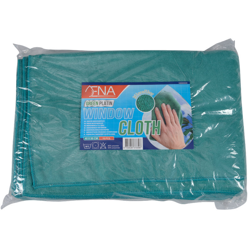 Eine Packung mit 10 Paar Abena Re-Seller GmbH Mikrofasertuch ENA Platin Fenstertuch, 40x50 cm, Grün. Auf dem Etikett steht "GREEN PLATIN WINDOW CLOTH" und zeigt eine Hand, die ein Fenster wischt, für streifenfreie Reinigung und Pflegesymbole.