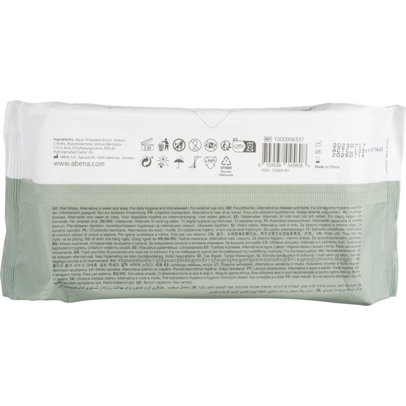Abena Re-Seller GmbH kosteuspyyhepaketin (80 kpl, 18x20 cm, valkoinen, tarrakiinnitys) takapuoli näyttää tuotetiedot, käyttösymbolit, viivakoodin, viimeisen käyttöpäivän ja valmistajatiedot päivittäiseen hygieniaan useilla kielillä.