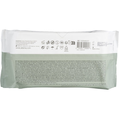 Abena Re-Seller GmbH kosteuspyyhepaketin (80 kpl, 18x20 cm, valkoinen, tarrakiinnitys) takapuoli näyttää tuotetiedot, käyttösymbolit, viivakoodin, viimeisen käyttöpäivän ja valmistajatiedot päivittäiseen hygieniaan useilla kielillä.