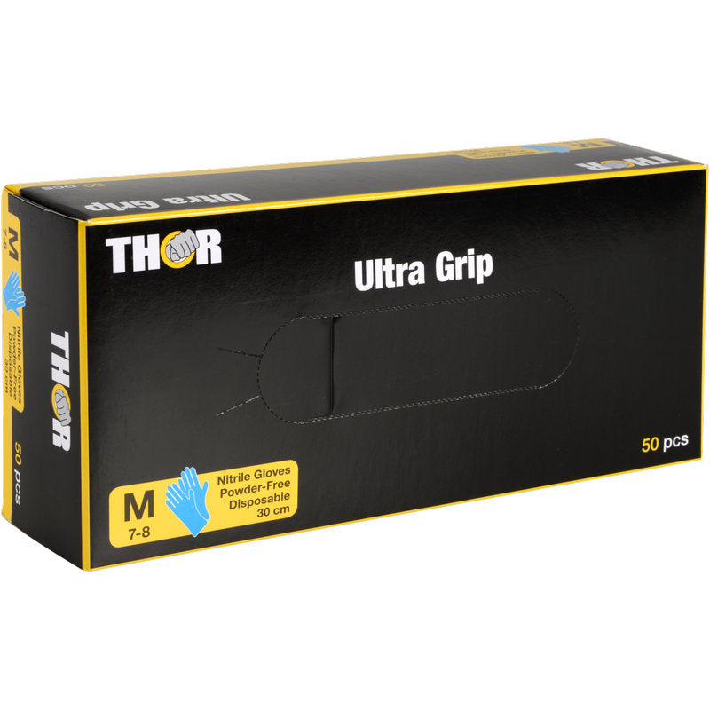 Sininen laatikko, jossa on teksti "Thor Ultra Grip Long" Abena Re-Seller GmbH:ltä, sisältää 50 keskikokoista, jauheetonta sinistä nitriilikäsinettä (30 cm, koko 7-8), joiden etupuolella on kuvattuna käsine.