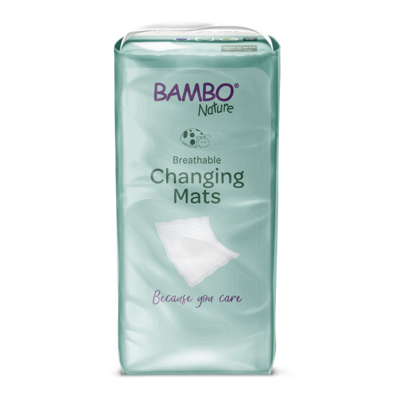 Eine 10er-Packung Bambo Nature Wickelunterlage (60x60 cm) mit Superabsorber von Abena Re-Seller GmbH mit Produkt- und Markendetails sowie einer Kissenabbildung und dem Spruch "Because you care" auf der hellgrünen Verpackung.