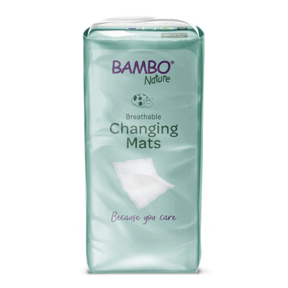 Eine 10er-Packung Bambo Nature Wickelunterlage (60x60 cm) mit Superabsorber von Abena Re-Seller GmbH mit Produkt- und Markendetails sowie einer Kissenabbildung und dem Spruch "Because you care" auf der hellgrünen Verpackung.