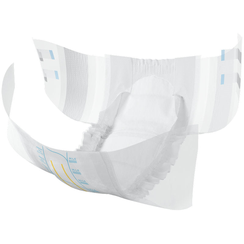 Der ABENA Slip Flexi Fit M-L Premium von Abena Re-Seller GmbH ist teilweise geöffnet dargestellt und verfügt über elastische Beinabschlüsse, flexible Fit-Seitenteile und eine saugfähige Einlage mit Indikatorlinien auf weißem Hintergrund.