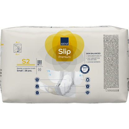 28 kappaleen ABENA Slip Premium -pakkaus Abena Re-Seller GmbH:ltä, pieni koko, enimmäkseen valkoinen pakkaus keltaisilla ja sinisillä korostuksilla. Ihanteellinen luotettavaan inkontinenssihuoltoon; tuotetiedot ovat etupuolella.