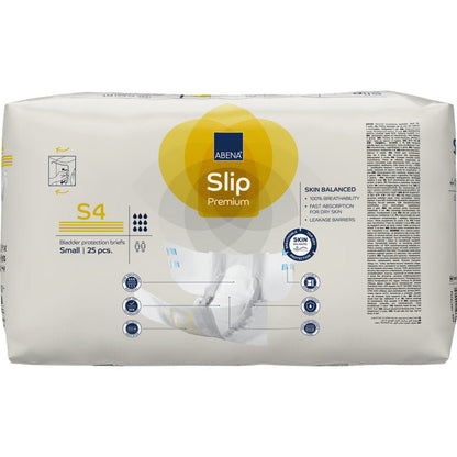 25 kappaleen ABENA Slip Premium -pakkaus Abena Re-Seller GmbH:ltä, koko small, sisältää tuotetiedot, toimintakuvakkeet ja slip-kuvan etupuolella tehokkaaseen inkontinenssihuoltoon.