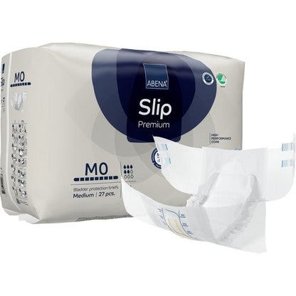 ABENA Slip Premium -virtsankarkailusuojapakkaus Abena Re-Seller GmbH:ltä, keskikoko, 27 kappaletta. Etupuolella on valkoinen slip, jossa on sinisiä ja harmaita korostuksia, joka korostaa sen muotoa ja inkontinenssihuollon suunnittelua.