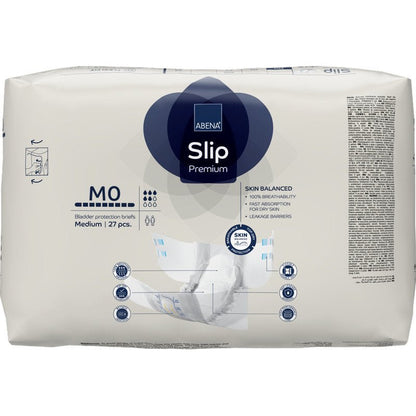 ABENA Slip Premium -pakkaus Abena Re-Seller GmbH:ltä, keskikoko, sisältää 27 kappaletta. Enimmäkseen valkoinen pakkaus sinisillä ja harmailla korostuksilla tarjoaa luotettavaa inkontinenssihuoltoa ja sisältää yksityiskohtaiset tuotetiedot.