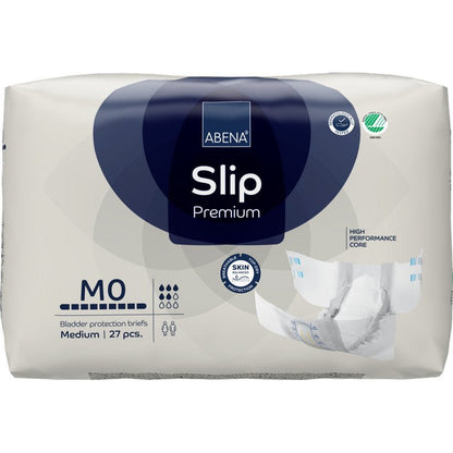 ABENA Slip Premium -pakkaus (Abena Re-Seller GmbH:ltä), keskikoko, 27 kappaletta, tulee valkoisessa pakkauksessa, jossa on sinisiä/harmaita korostuksia ja avattua slipiä oikealla puolella.