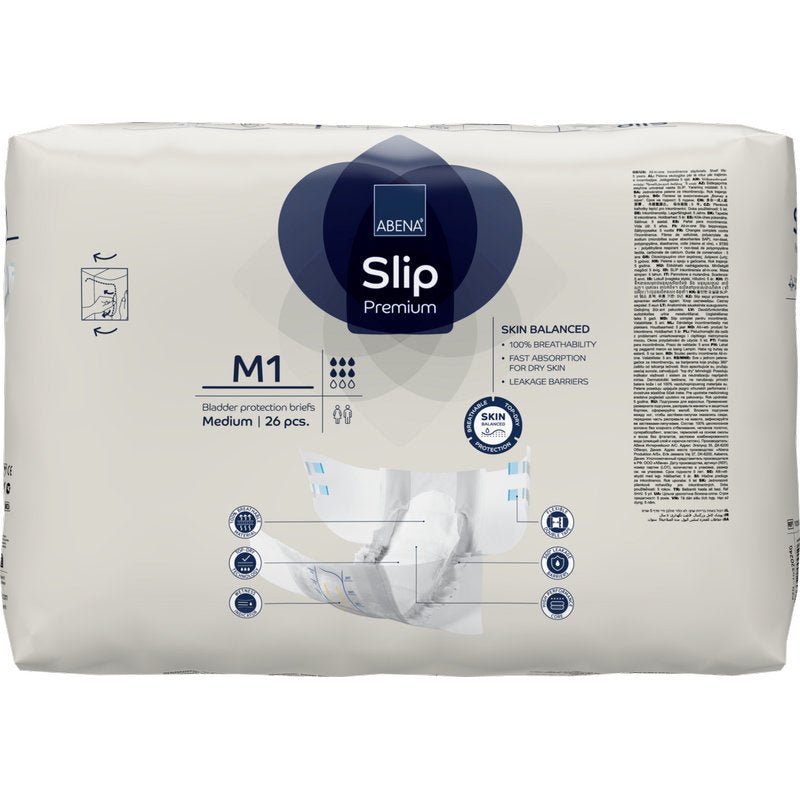 26 kappaleen ABENA Slip Premium -pakkaus Abena Re-Seller GmbH:ltä, keskikoko, tehokkaaseen inkontinenssihuoltoon. Valkoinen pakkaus sinisillä/harmailla korostuksilla, tuotetiedot ja slip-kuva.