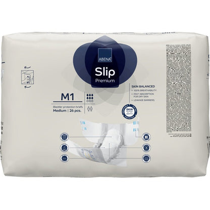 26 kappaleen ABENA Slip Premium -pakkaus Abena Re-Seller GmbH:ltä, keskikoko, tehokkaaseen inkontinenssihuoltoon. Valkoinen pakkaus sinisillä/harmailla korostuksilla, tuotetiedot ja slip-kuva.