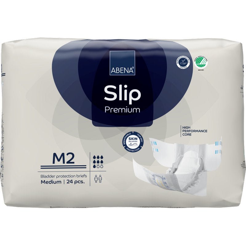 24 kappaleen ABENA Slip Premium -pakkaus Abena Re-Seller GmbH:ltä, koko M2 medium, tarjoaa iholle ystävällisen, tehokkaan inkontinenssisuojan mukavuudelle ja turvallisuudelle.
