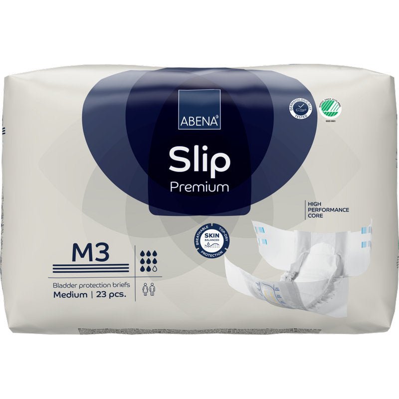 ABENA Slip Premium -pakkaus Abena Re-Seller GmbH:ltä, keskikoko, 23 slipiä. Tehokas ydin ja iholle ystävällinen suunnittelu. Pakkaus näyttää avatun slipin - ihanteellinen luotettavaan inkontinenssihuoltoon.