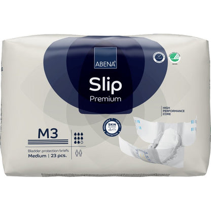 ABENA Slip Premium -pakkaus Abena Re-Seller GmbH:ltä, keskikoko, 23 slipiä. Tehokas ydin ja iholle ystävällinen suunnittelu. Pakkaus näyttää avatun slipin - ihanteellinen luotettavaan inkontinenssihuoltoon.