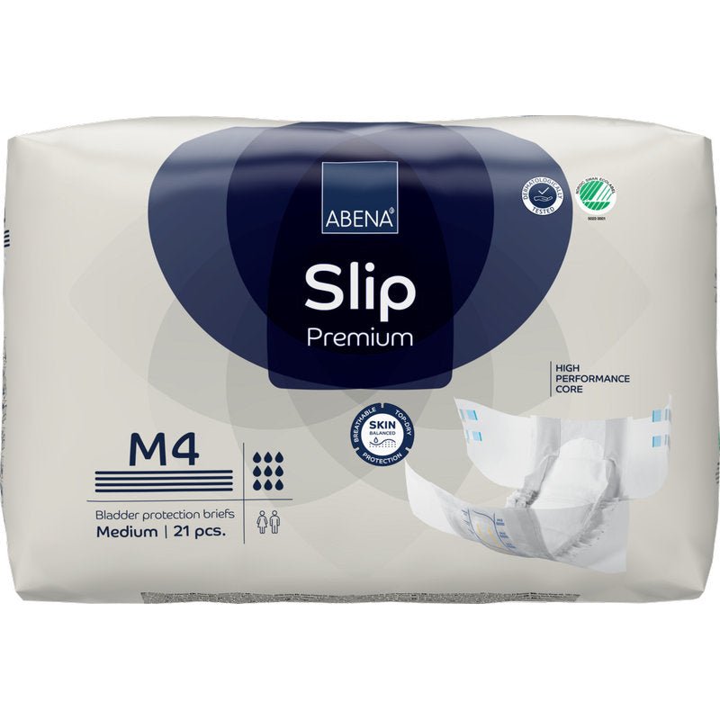 21 kappaleen ABENA Slip Premium -pakkaus Abena Re-Seller GmbH:ltä, koko M4, tehokkaaseen inkontinenssihuoltoon. Pakkaus erottuu tehokkaalla ytimellä, iholle ystävällisyydellä ja avattua slipiä esittävällä kuvalla.