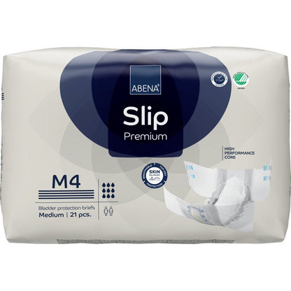 21 kappaleen ABENA Slip Premium -pakkaus Abena Re-Seller GmbH:ltä, koko M4, tehokkaaseen inkontinenssihuoltoon. Pakkaus erottuu tehokkaalla ytimellä, iholle ystävällisyydellä ja avattua slipiä esittävällä kuvalla.