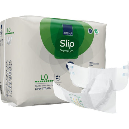Pakkaus ABENA Slip Premium aikuisvaippoja Abena Re-Seller GmbH:ltä, koko large, 26 kappaletta per pakkaus. Yksi taittamaton vaippa on kuvattu vihreä-sinisen pakkauksen edessä näkyvillä tuotetiedoilla.