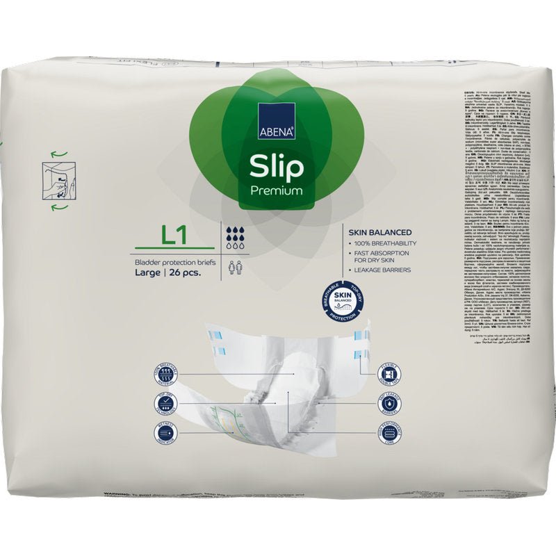 26 kappaleen pakkaus ABENA Slip Premium Abena Re-Seller GmbH:ltä, koko large, tehokkaaseen inkontinenssinhoitoon. Enimmäkseen valkoisessa pakkauksessa on vihreitä ja sinisiä aksentteja tuotetietojen ja pienten kuvien kanssa.