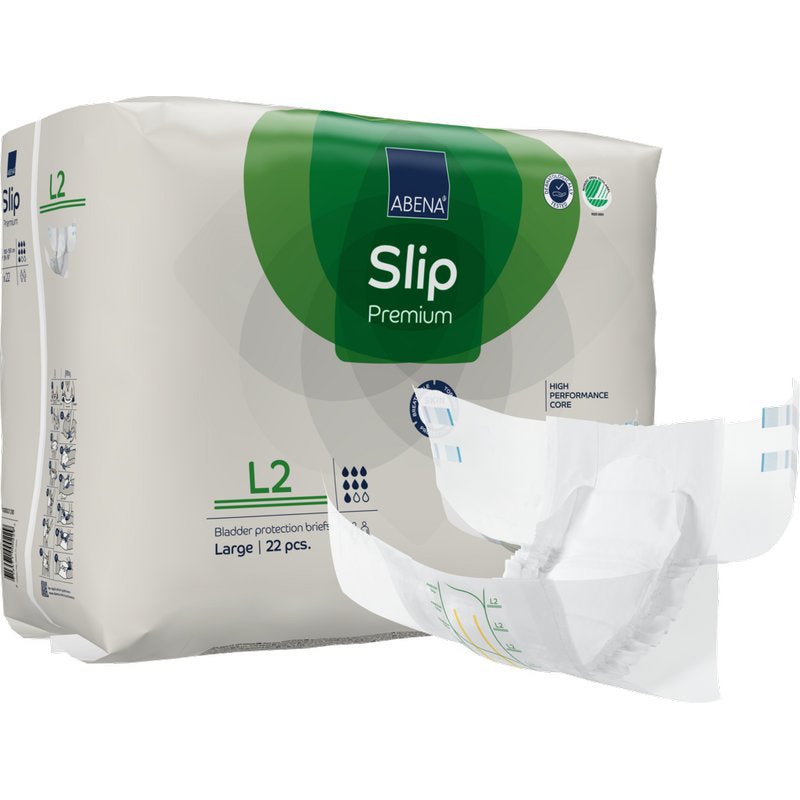 Pakkaus ABENA Slip Premium Abena Re-Seller GmbH:ltä, suuri koko, 22 kappaletta; yksi alushousu on edessä osittain taitettu. Valkoinen pakkaus vihreillä ja sinisillä aksenteilla tarjoaa luotettavan inkontinenssisuojan.