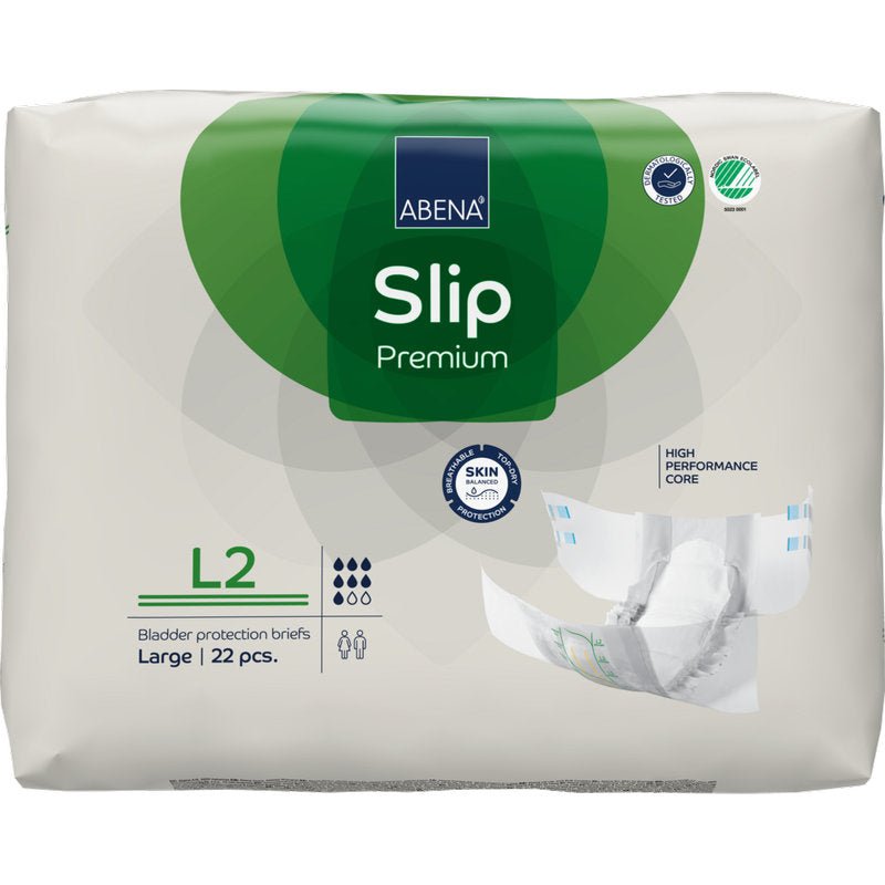 22 kappaleen pakkaus ABENA Slip Premium Abena Re-Seller GmbH:ltä, koko Large, enimmäkseen valkoisessa pakkauksessa vihreillä aksenteilla; siinä on "tehokas ydin" tehokkaaseen rakonsuojaan.