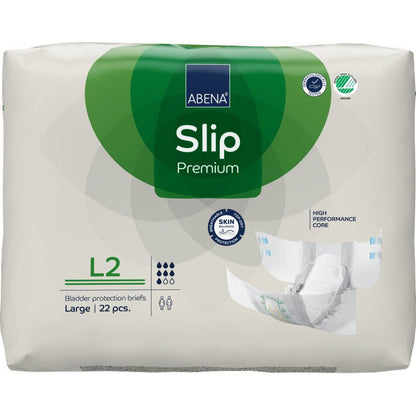 22 kappaleen pakkaus ABENA Slip Premium Abena Re-Seller GmbH:ltä, koko Large, enimmäkseen valkoisessa pakkauksessa vihreillä aksenteilla; siinä on "tehokas ydin" tehokkaaseen rakonsuojaan.