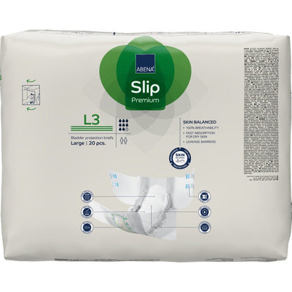 20 kappaleen pakkaus ABENA Slip Premium Abena Re-Seller GmbH:ltä (koko Large) aikuisille, tuotetiedot, ikonit ja kuvitus alushousuista käytössä - ihanteellinen laadukkaaseen inkontinenssinhoitoon.