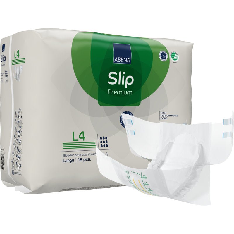 Pakkaus ABENA Slip Premium Abena Re-Seller GmbH:ltä, suurikokoinen (18 kappaletta), näytetään taittamaton alushousu vieressä korostamaan muotoilua ja ominaisuuksia.