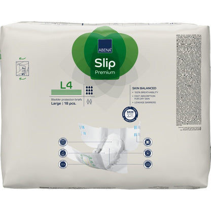 Pakkaus ABENA Slip Premium Abena Re-Seller GmbH:ltä, koko Large, 18 kappaletta. Pakkaus näyttää tuotteen ominaisuudet ja kuvituksen alushoususta, jota pidetään kädessä helpottamaan inkontinenssinhoitoa.