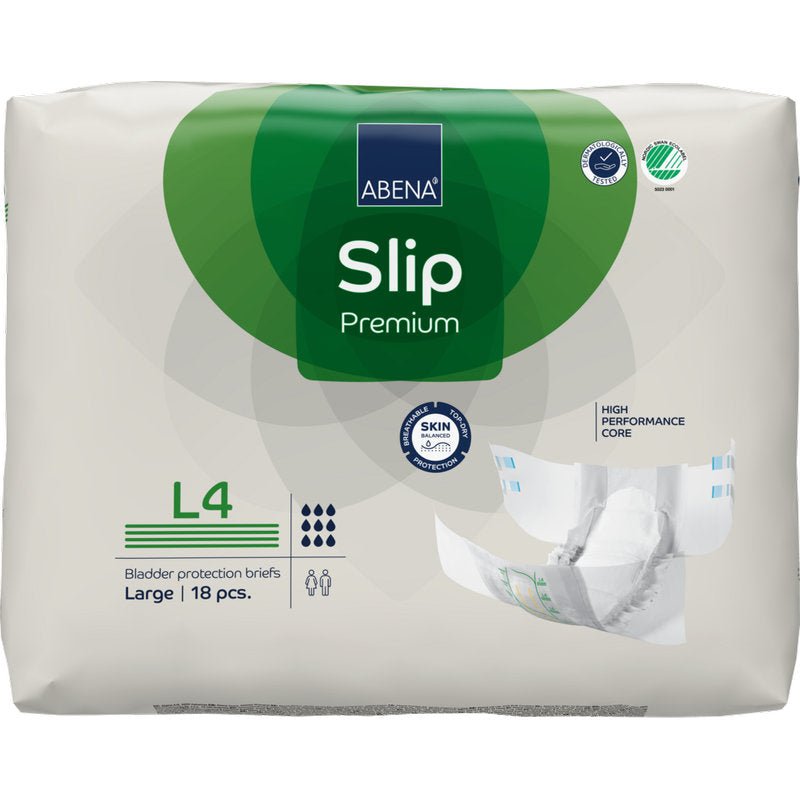 Pakkaus ABENA Slip Premium Abena Re-Seller GmbH:ltä, koko Large (L4), sisältää 18 alushousua. Valko-vihreä pakkaus näyttää avoimen alushousun ja ikoneita korkeasta imukyvystä ja ihonsuojasta.