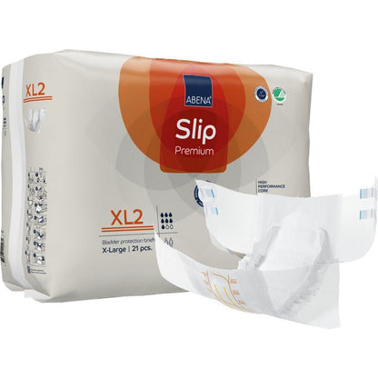 ABENA Slip Premium Abena Re-Seller GmbH:ltä, koko XL2, tarjoaa luotettavan inkontinenssisuojan tehokkaalla ytimellä. Pakkaus sisältää 21 kappaletta, ja taittamaton vaippa on kuvattu etupuolella.