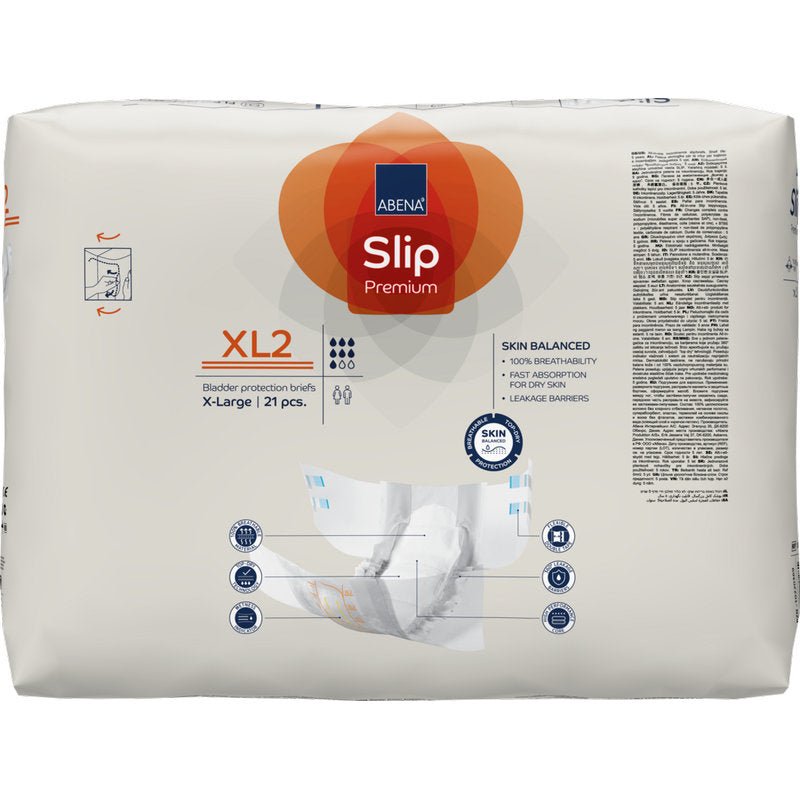 Pakkaus ABENA Slip Premium -vaippoja Abena Re-Seller GmbH:ltä, koko XL2, sisältää 21 kappaletta beigessä pakkauksessa, jossa on sinisiä ja oransseja yksityiskohtia, tuotetiedot, käsi, joka pitelee vaippaa, ja inkontinenssihoidon ikoneja.