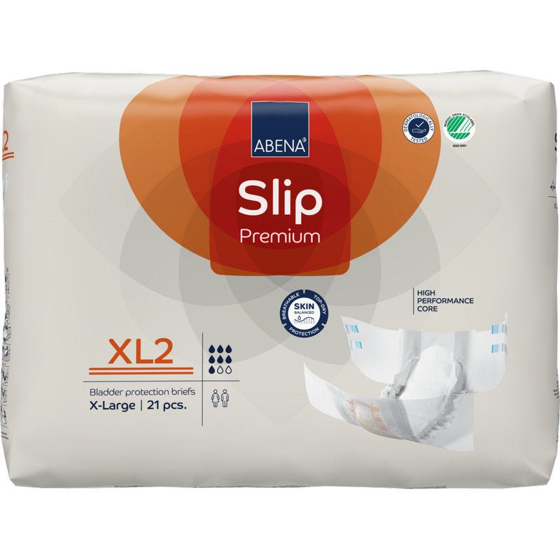 21 kappaleen pakkaus ABENA Slip Premium Abena Re-Seller GmbH:ltä, koko X-Large, valkoisessa pakkauksessa oransseilla ja punaisilla aksenteilla, jotka korostavat tärkeimpiä etuja tehokkaaseen inkontinenssinhoitoon.