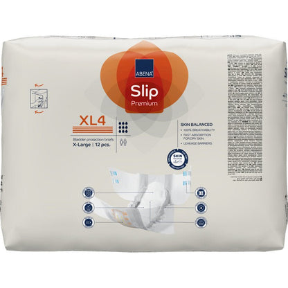 Pakkaus ABENA Slip Premium -vaippoja Abena Re-Seller GmbH:ltä, koko XL4 X-Large, 12 kappaletta per pakkaus, etupuoli ja kädet, jotka pitelevät vaippaa - täydellinen luotettavaan inkontinenssihoitoon.