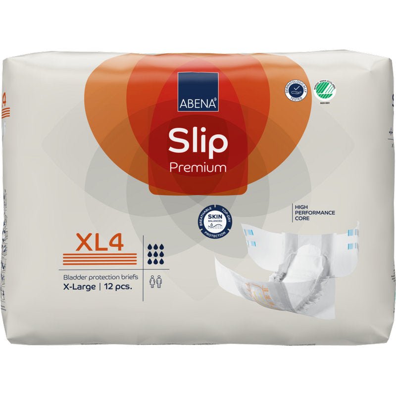 Pakkaus ABENA Slip Premium -vaippoja Abena Re-Seller GmbH:ltä, koko X-Large (XL4), sisältää 12 inkontinenssivaippaa. Valkoisessa pakkauksessa on oransseja ja sinisiä yksityiskohtia ja se esittelee vaipan ja tuotteen ominaisuudet.