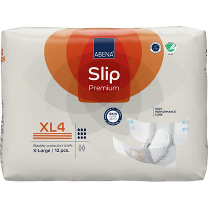 Pakkaus ABENA Slip Premium -vaippoja Abena Re-Seller GmbH:ltä, koko X-Large (XL4), sisältää 12 inkontinenssivaippaa. Valkoisessa pakkauksessa on oransseja ja sinisiä yksityiskohtia ja se esittelee vaipan ja tuotteen ominaisuudet.