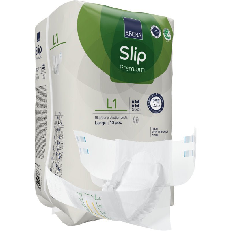 Pakkaus ABENA Slip Premium aikuisten alushousuja Abena Re-Seller GmbH:ltä, koko Large, alushousu edessä. Pakkauksen kohokohtia ovat tehokas ydin ja ihoystävällinen materiaali optimaaliseen inkontinenssinhoitoon.