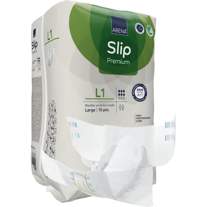 Pakkaus ABENA Slip Premium aikuisten alushousuja Abena Re-Seller GmbH:ltä, koko Large, alushousu edessä. Pakkauksen kohokohtia ovat tehokas ydin ja ihoystävällinen materiaali optimaaliseen inkontinenssinhoitoon.