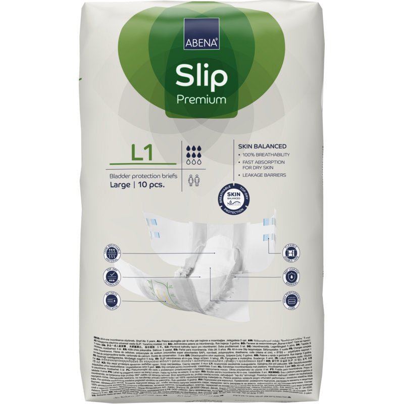 Pakkaus ABENA Slip Premium Abena Re-Seller GmbH:ltä, koko large, 10 kappaletta. Valkoisessa pakkauksessa on vihreitä ja sinisiä aksentteja ja selkeät tuotetiedot edessä.