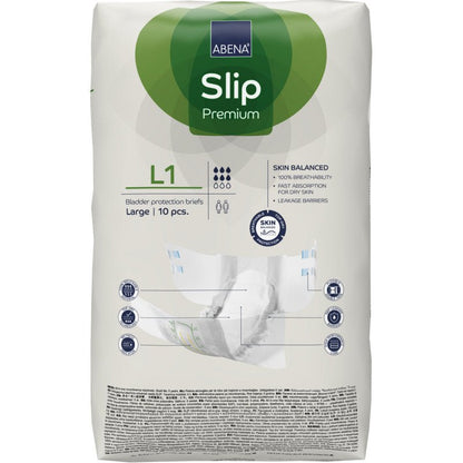 Pakkaus ABENA Slip Premium Abena Re-Seller GmbH:ltä, koko large, 10 kappaletta. Valkoisessa pakkauksessa on vihreitä ja sinisiä aksentteja ja selkeät tuotetiedot edessä.