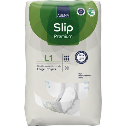 10 kappaleen pakkaus ABENA Slip Premium Abena Re-Seller GmbH:ltä, koko L1. Valko-vihreä pakkaus korostaa ihonsuojaa ja tehokasta ydintä tehokkaaseen inkontinenssinhoitoon.