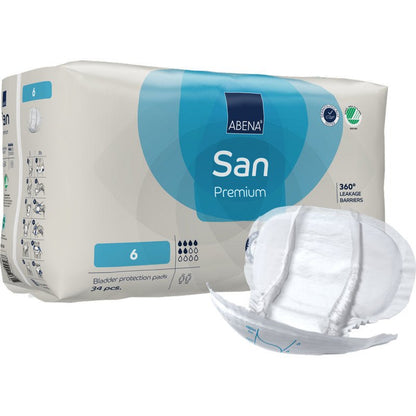 Kuvassa on pakkaus ABENA San Premium Abena Re-Seller GmbH:ltä, koko 6, 34 siteellä. Edessä on pad-kuva. Pakkauksessa on sinivalkoinen brändäys ja se tarjoaa korkean imukyvyn luotettavaan virtsarakonsuojaukseen.