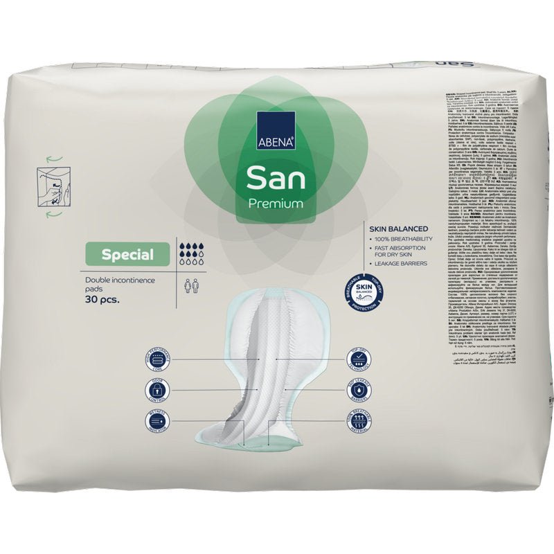 30 ABENA San Premium -inkontinenssilisäosan pakkaus Abena Re-Seller GmbH:lta, jossa on korkea imukyky. Enimmäkseen valkoinen pakkaus, jossa on sinisiä ja vihreitä aksentteja, sisältää tuotekuvia ja yksityiskohtia.