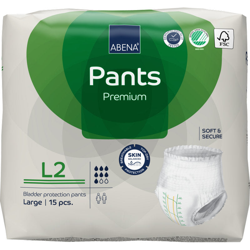 Eine 15-teilige Packung ABENA Pants Premium L von Abena Re-Seller GmbH, Größe Large. Die Verpackung enthält Auslaufschutz, Zertifizierungen und ein Produktbild.