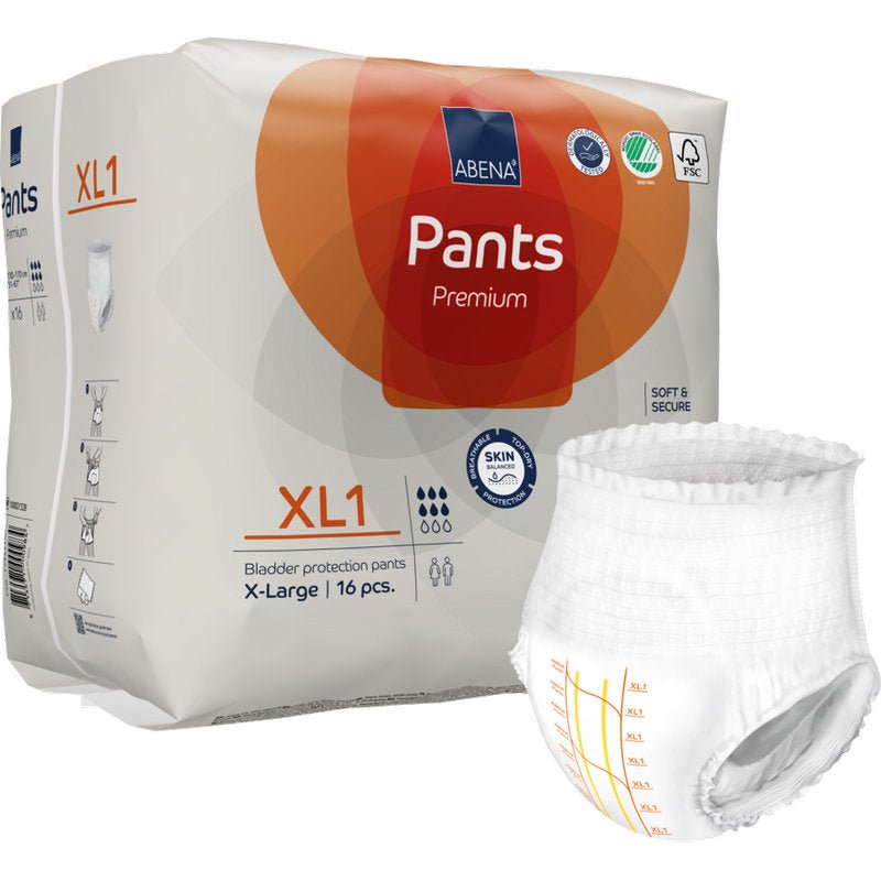 Pakkaus ABENA Pants Premium XL:ää Abena Re-Seller GmbH:lta, koko X-Large (16 kappaletta), jossa edessä avattu pull-up-vaippa. Pakkauksessa on sertifiointilogoja premium-virtsarakonsuojalle.