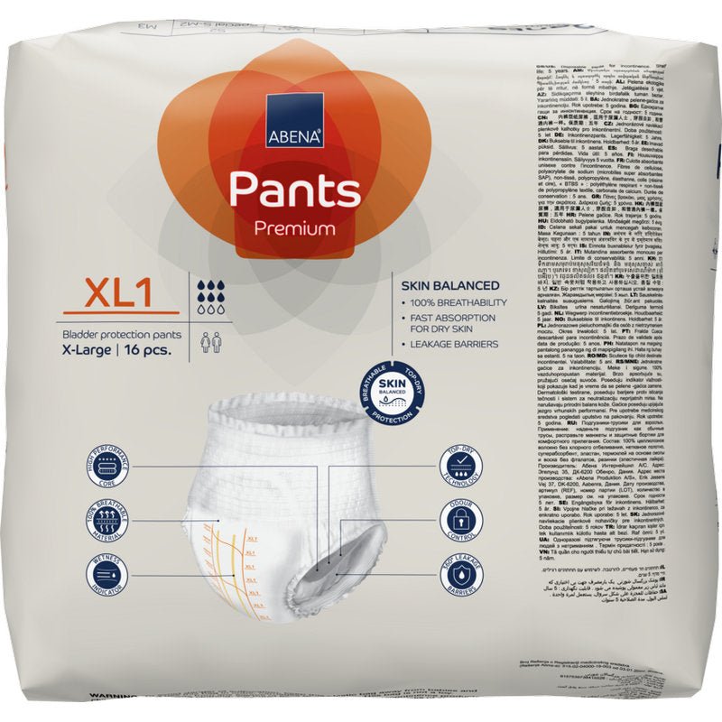 Pakkaus ABENA Pants Premium XL:ää Abena Re-Seller GmbH:lta, koko X-Large, 16 kappaletta, tarjoaa luotettavan virtsarakonsuojan hengittävillä ja ihoystävällisillä ominaisuuksilla, jotka on lueteltu etupuolella.