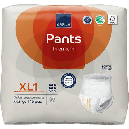 Pakkaus ABENA Pants Premium XL:ää Abena Re-Seller GmbH:lta, koko X-Large, 16 kappaletta. Tulee valkoisessa pakkauksessa, jossa on oransseja korostuksia, jotka näyttävät tuotekuvia ja sertifiointilogoja.