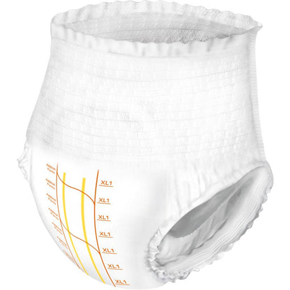 ABENA Pants Premium XL Abena Re-Seller GmbH:lta on puhdas, käyttämätön valkoinen kertakäyttöinen inkontinenssialushousu, jossa on joustava vyötärönauha ja lahkeensuut, oranssit kokomerkinnät ja sivuviivat valkoisella taustalla.